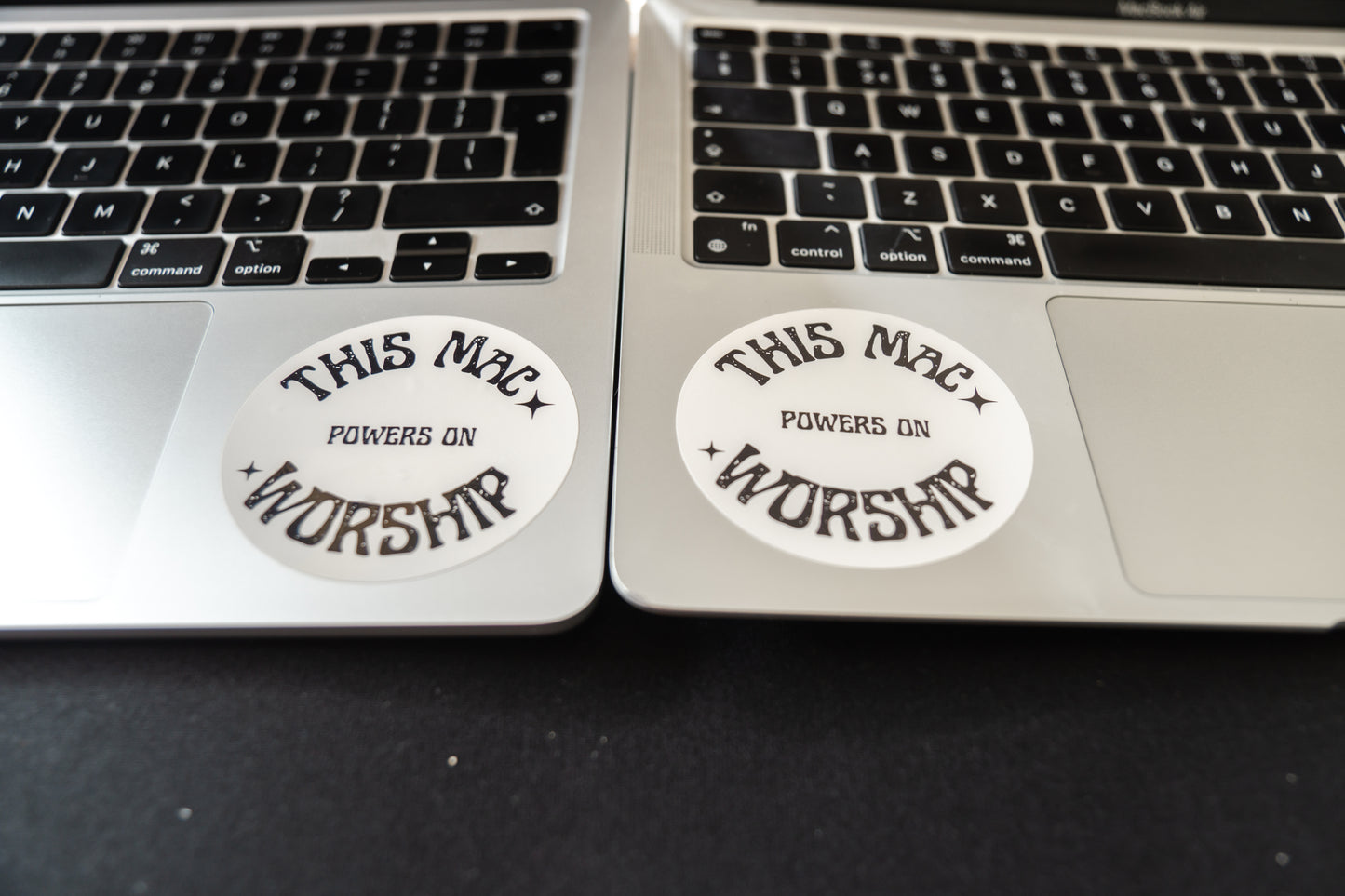 this mac powers on worship sticker macbook side by side