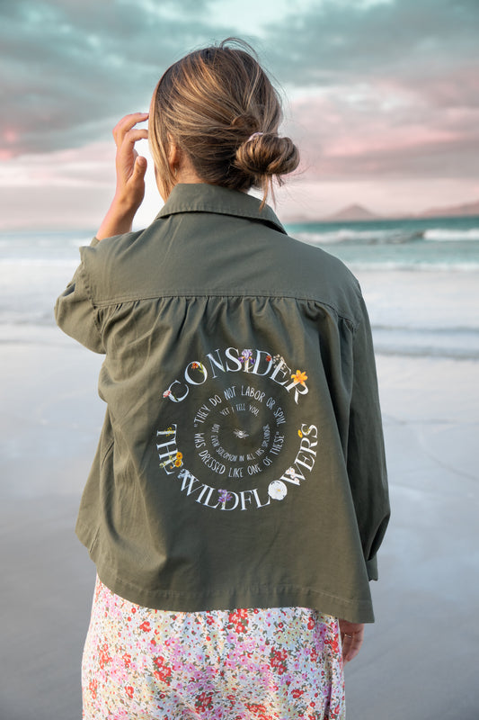 christian jacket army green consider the wildflowers luke 12 christian apparel bible clothing rags to robes brand